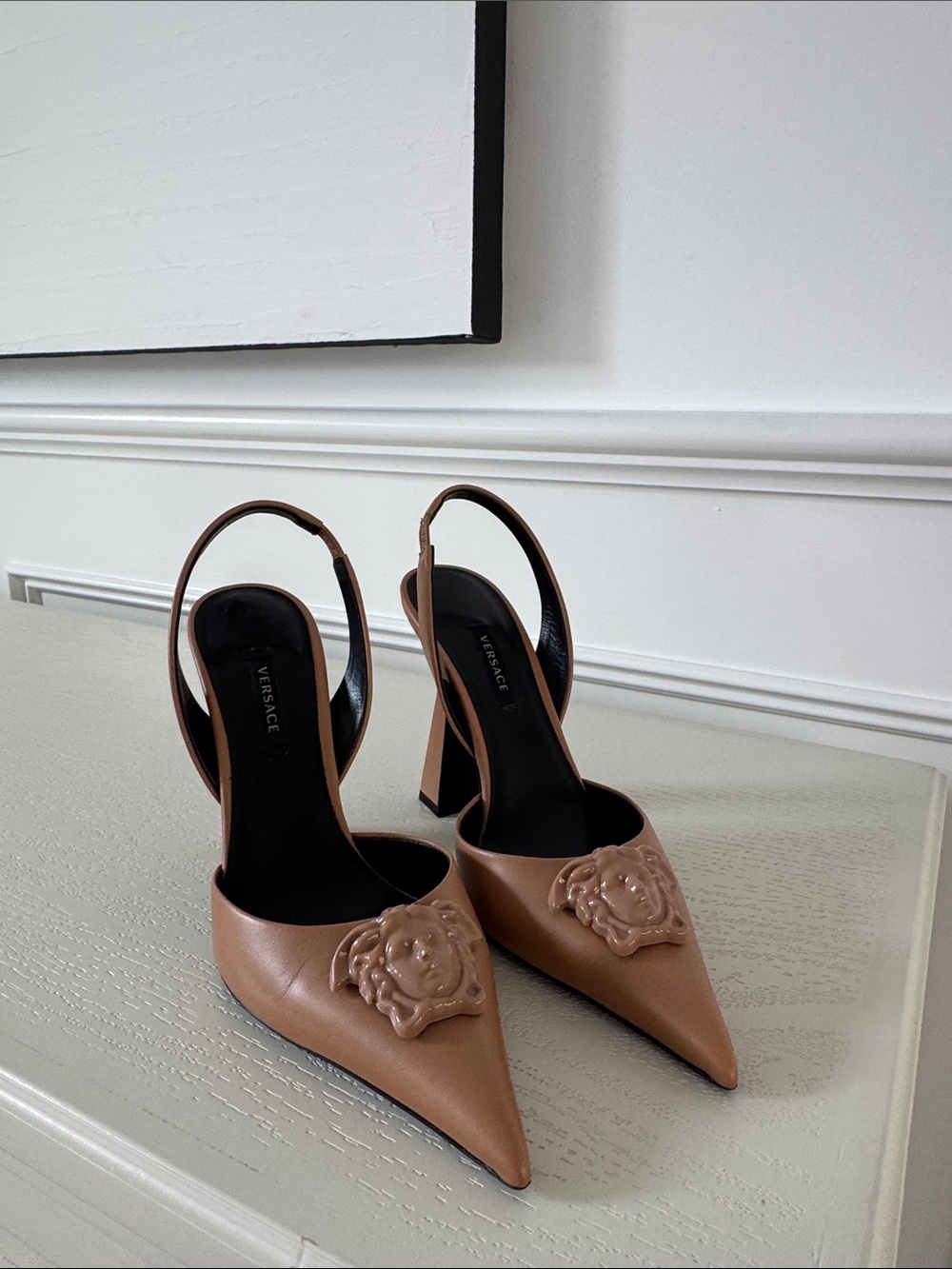 Versace Tan Leather Medusa Pointed Slingback Pumps